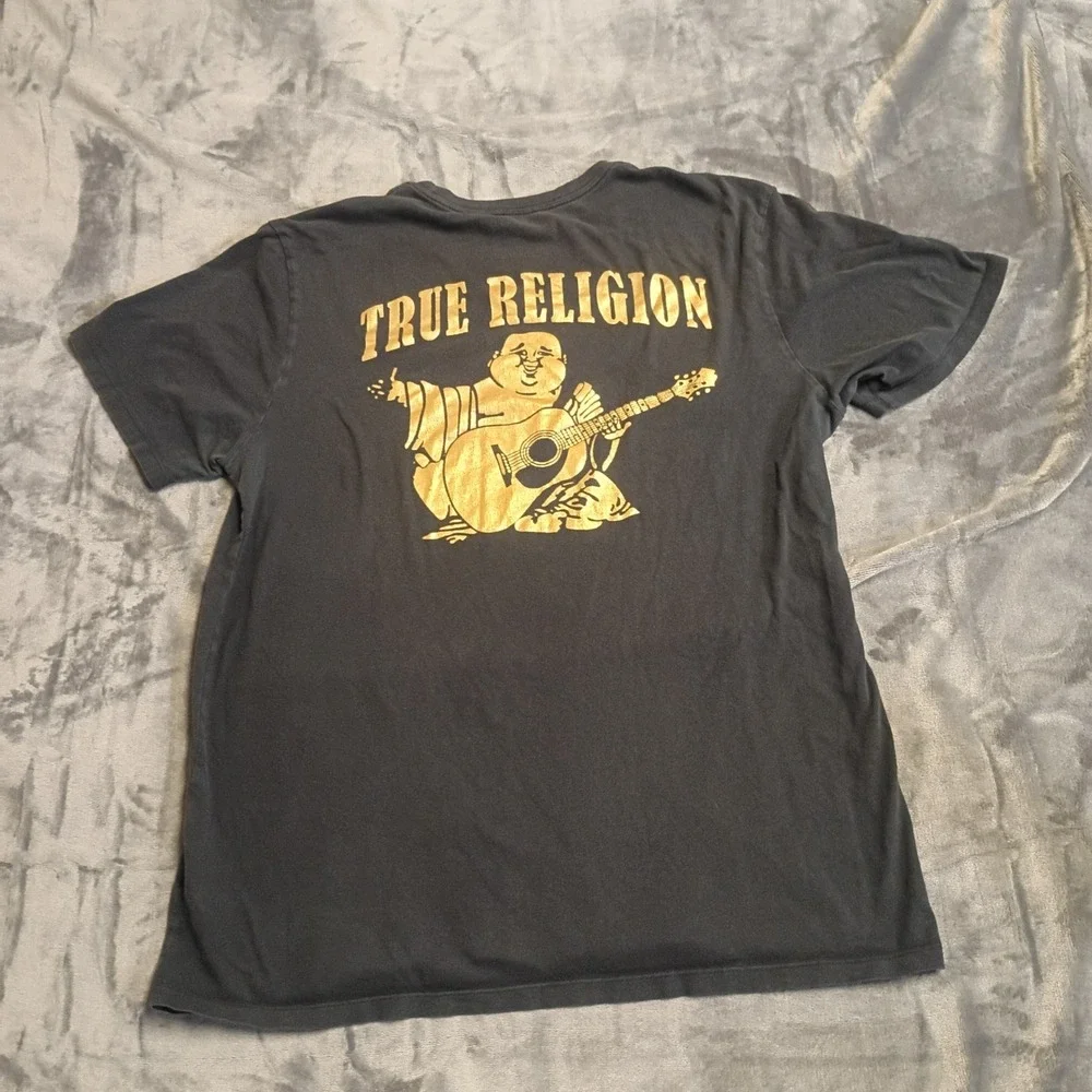 True Religion Graphic T-Shirt Mens Large Black Gold Buddha Logo Streetwear